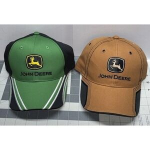 LOT OF 2: NEW John Deere Baseball Caps, Adjustable backs Tan And Green